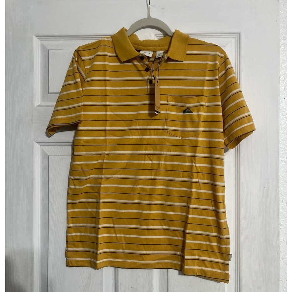Quiksilver Boys Mustard Yellow Striped Short Sleeve Polo Shirt Size XL NWT